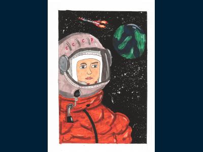 Картина. Автор: Порошкин Лев. Техника: смешанная техника. Класс: 2 «Время первых: достижения отечественной космонавти