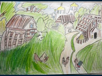 Картина. Автор: Желнов Марк. Техника: карандаш. Класс: 2 Русская деревня