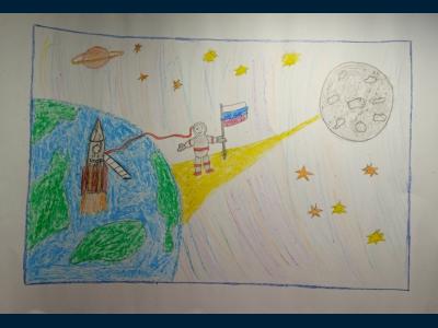 Картина. Автор: Фаисханова Камилла. Техника: восковые мелки. Класс: 2 "Время первых: достижения отечественной космонавти