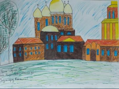 Картина. Автор: Исмагилова Дания Фидановна. Техника: смешанная техника. Класс: 2 Вид на город Коломна