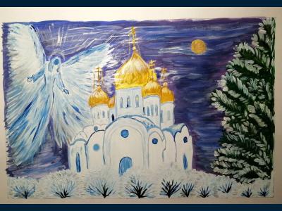 Картина. Автор: Затеева Полина. Техника: гуашь. Класс: 2 Хранимая Богом родная земля!