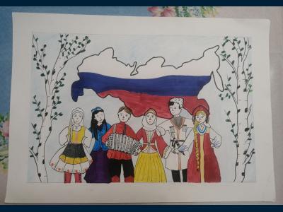 Картина. Автор: Хасанова Эвелина. Техника: смешанная техника. Класс: 2 Многонациональная Россия: дружба народов