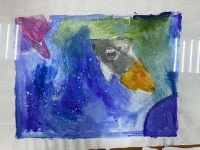 Картина. Автор: Давлетшина Полина Артуровна. Техника: смешанная техника. Класс: 3 Россия- вперёд, к неизведанным планетам!