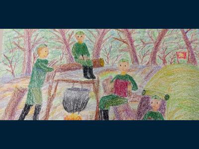 Картина. Автор: Мельникова Злата. Техника: пастель. Класс: 3 В разговорах о мирной жизни....( май 1945г)