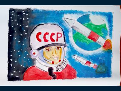 Картина. Автор: Мавлютов Айгиз. Техника: смешанная техника. Класс: 4 Время первых :достижения отечественной космонавтик