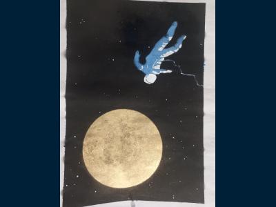 Картина. Автор: Валиева Яна. Техника: смешанная техника. Класс: 4 "Время первых: достижения отечественной космонавти