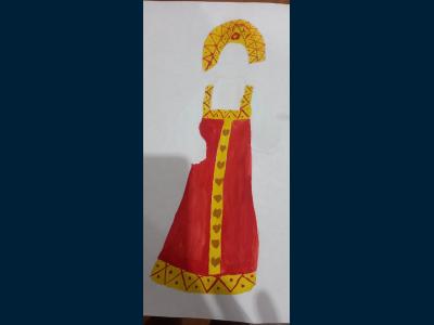 Картина. Автор: Шарафиева Амира. Техника: гуашь. Класс: 4 "Костюм как элемент истории государства"