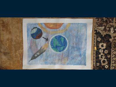 Картина. Автор: Акчурин Нурсултан Аликович. Техника: смешанная техника. Класс: 5 «Время первых: достижения отечественной космонавти