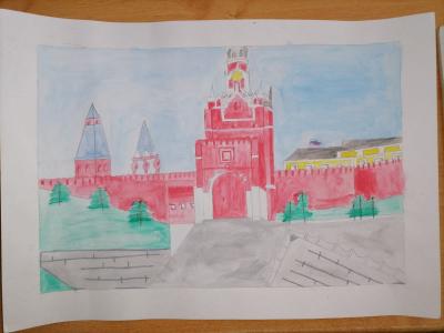 Картина. Автор: Алтынбаева Гульфина. Техника: смешанная техника. Класс: 5 Спасская башня Кремля