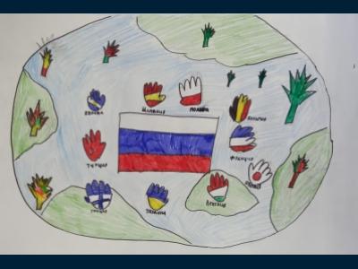 Картина. Автор: Фархутдинова Юлия Ильназовна. Техника: смешанная техника. Класс: 6 Многонациональная Россия: дружба народов