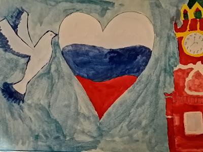 Картина. Автор: Яникеев Дмитрий. Техника: смешанная техника. Класс: 8 Я люблю тебя Россия!