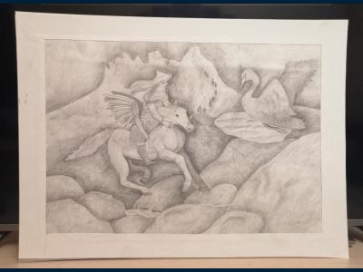 Картина. Автор: Коптюх Роман. Техника: карандаш. Класс: 8 Литература на территории России. Эпос "Урал-батыр"