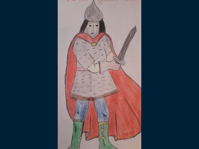 Картина. Автор: Газиев Ленар Фаритович. Техника: восковые мелки. Класс: 8 "Воин Средневековой Руси"