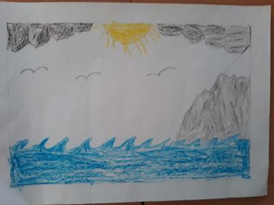 Картина. Автор: Фаррахов Рамиль. Техника: восковые мелки. Класс: 2 Водные стихии