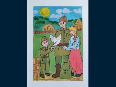 Картина. Автор: Якупов Клим. Техника: гуашь. Класс: 1 Рисунок для солдата. Долгожданная победа!