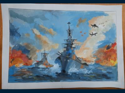 Картина. Автор: Хасанов Юлиан. Техника: гуашь. Класс: 1 Морское сражение.