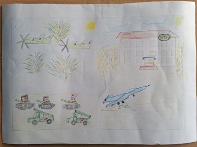 Картина. Автор: Исмагилов Алмаз. Техника: карандаш. Класс: 1 Победный рёв моторов