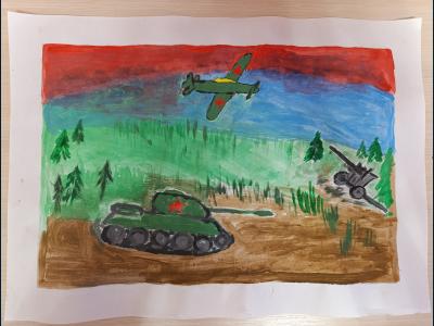 Картина. Автор: Саитгареев Таир. Техника: гуашь. Класс: 2 Военная техника 1941-1945 годов