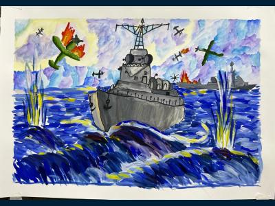 Картина. Автор: Ахметьянова Сабина. Техника: смешанная техника. Класс: 2 Балтийский флот.Таллинский переход. Август 1941 год.