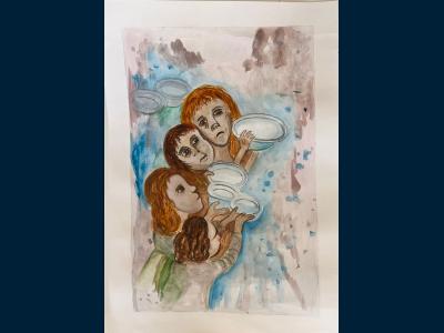 Картина. Автор: Латыпова Эмилия. Техника: акварель. Класс: 2 Хроники блокадного Ленинграда