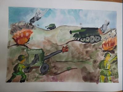 Картина. Автор: Сергеева Александра. Техника: смешанная техника. Класс: 3 "Поле боя. Они ковали победу!"
