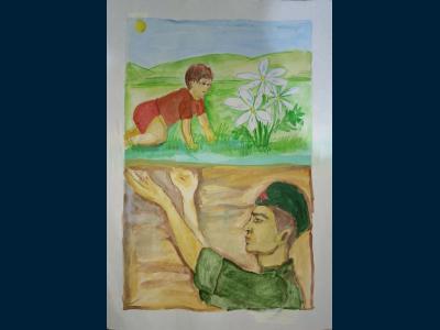 Картина. Автор: Аминева Шаура. Техника: акварель. Класс: 3 Бессмертный подвиг солдат
