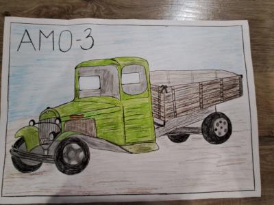Картина. Автор: Абзалов Тимур. Техника: карандаш. Класс: 3 Военная техника "грузовик АМО-3"