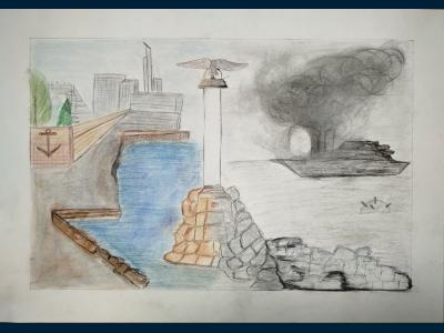 Картина. Автор: Светлакова Варвара Кирилловна. Техника: смешанная техника. Класс: 3 Память сквозь года. Город-герой Севастополь