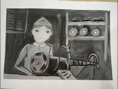 Картина. Автор: Григорьева Ксения. Техника: гуашь. Класс: 4 Даже маленький ребенок может внести огромный вклад в победу